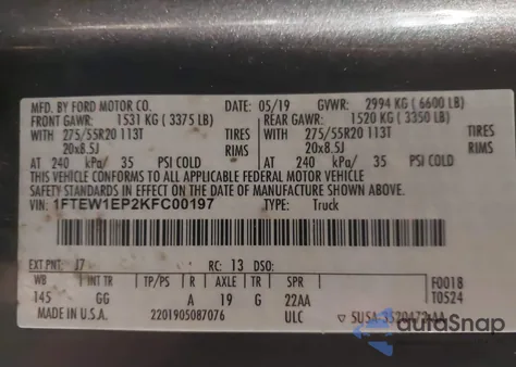 2019 Ford F-150 Xl from USA, damaged, VIN 1FTEW1EP2KFC00197